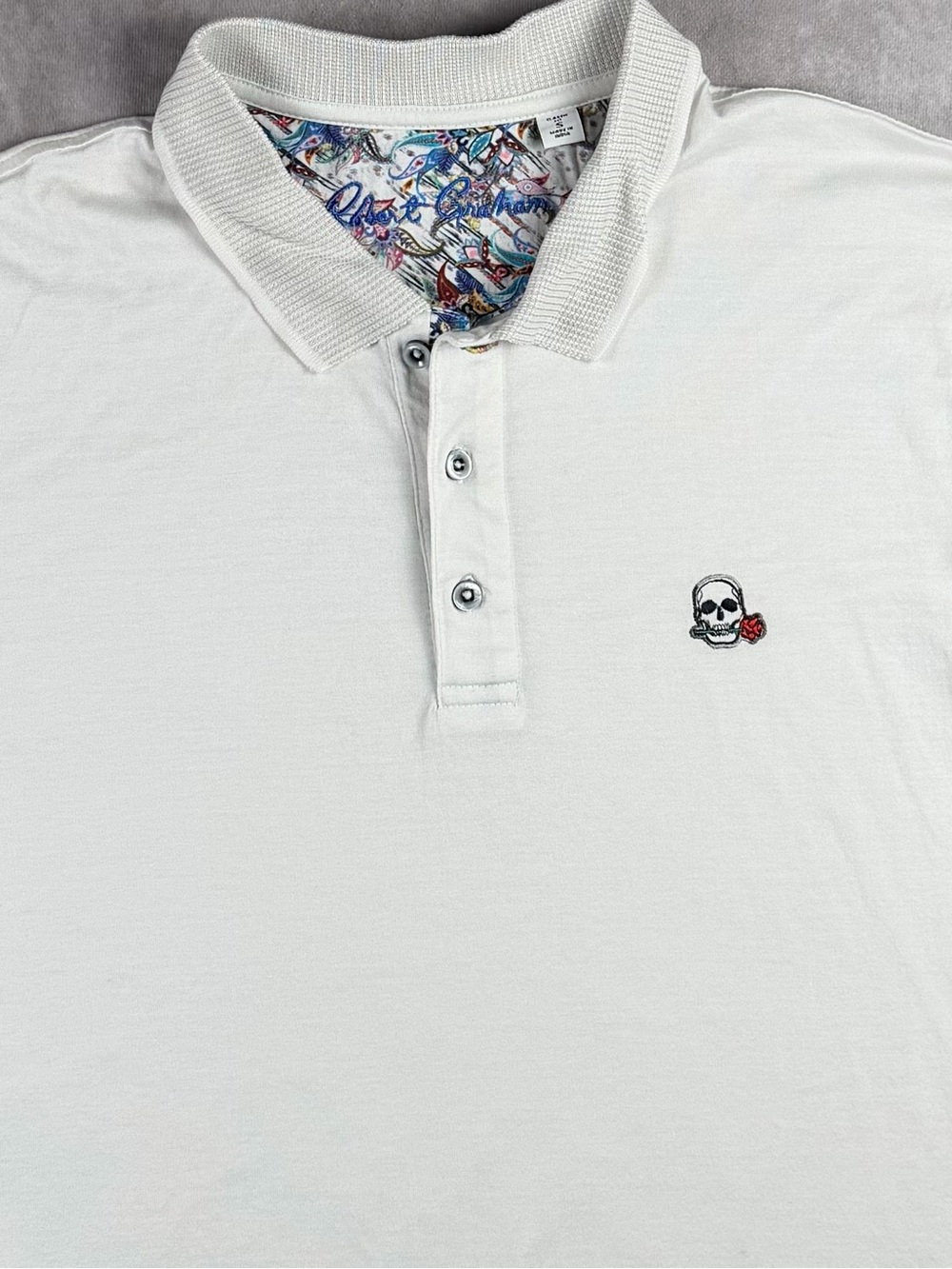 Robert Graham White Skull Rose Embroidered Polo Shirt Men’s Small